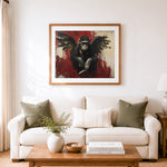 Finished winged chimpanzee street art cross stitch artwork displayed as home decor