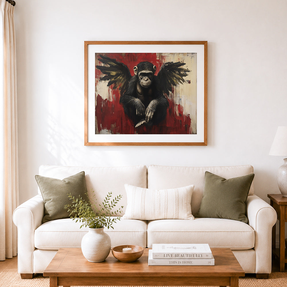 Finished winged chimpanzee street art cross stitch artwork displayed as home decor