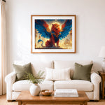 Finished winged golden lion cross stitch artwork displayed as home decor