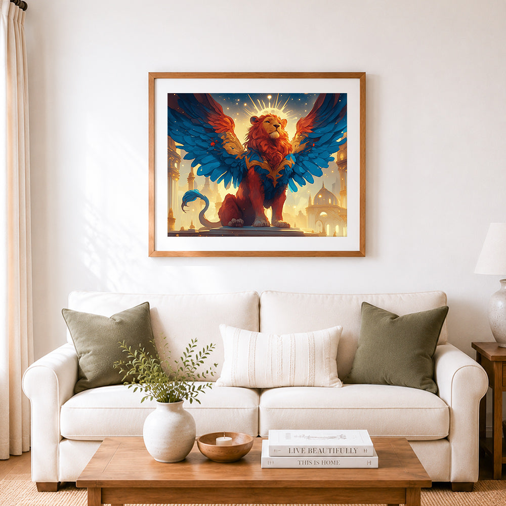 Finished winged golden lion cross stitch artwork displayed as home decor