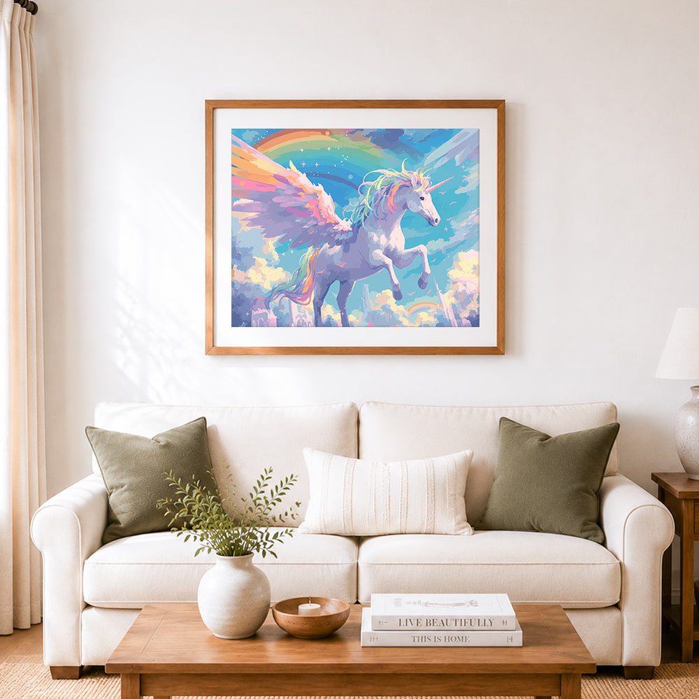 Finished winged unicorn in sky cross stitch artwork displayed as home decor