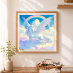Finished winged unicorn rainbow clouds cross stitch artwork displayed as home decor