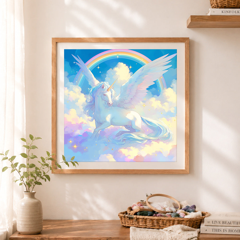 Finished winged unicorn rainbow clouds cross stitch artwork displayed as home decor