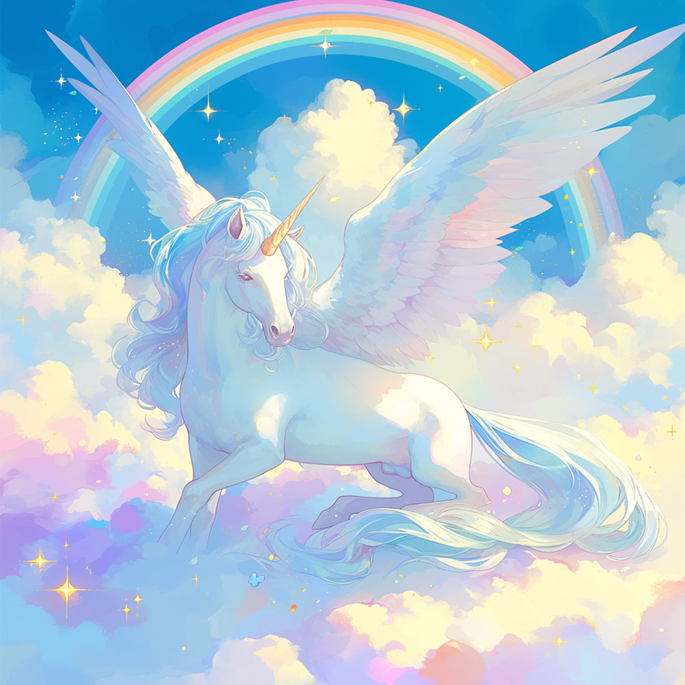 Winged unicorn rainbow clouds cross stitch kit for beginners