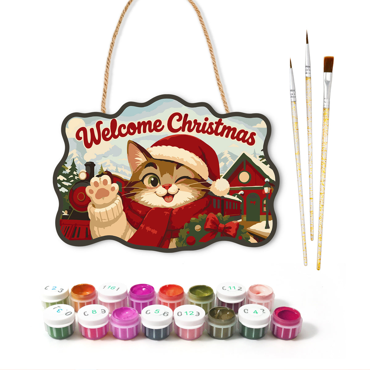 Winking cat and christmas train paint by numbers door hanger with paints and brushes