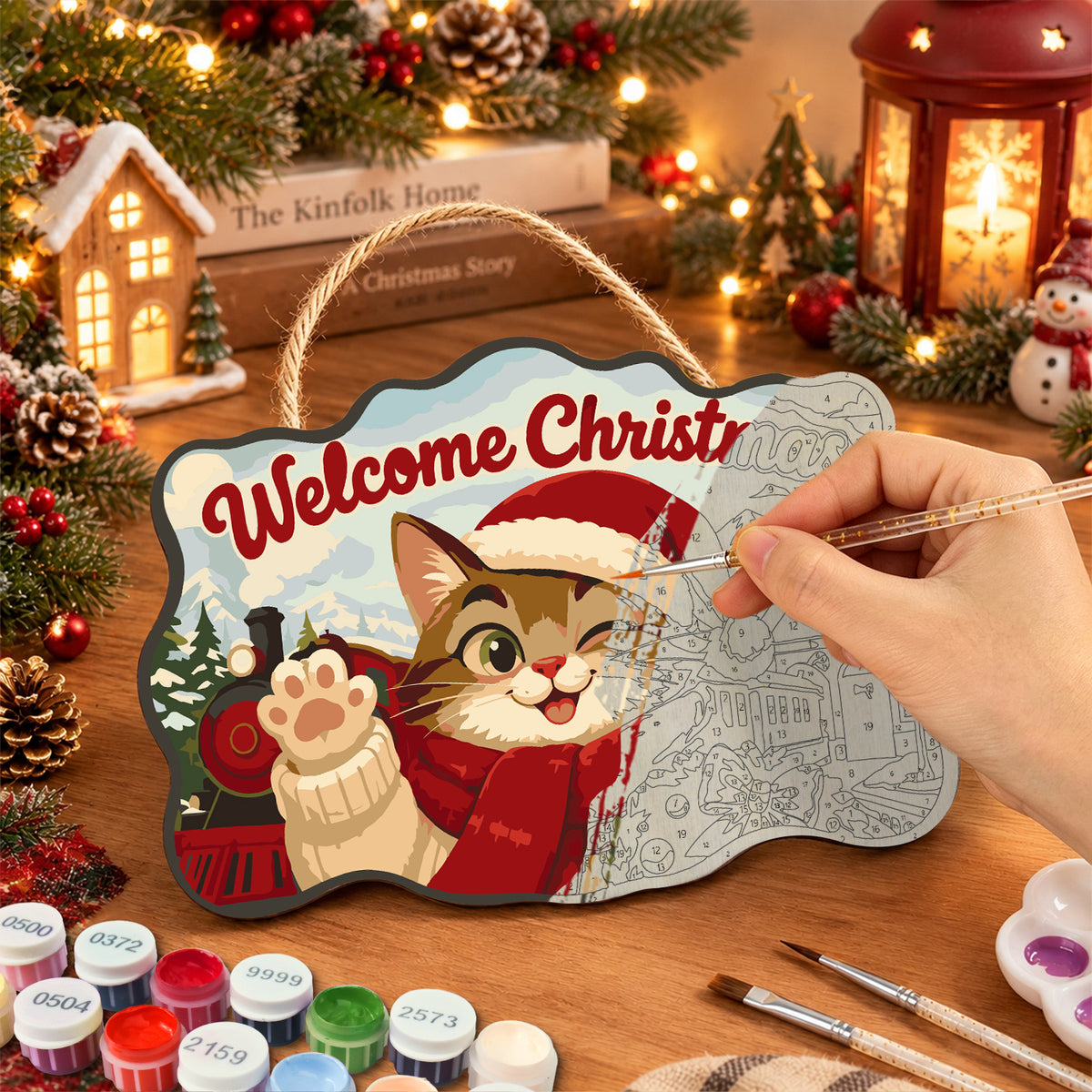 Winking cat and christmas train paint by numbers door hanger painting process
