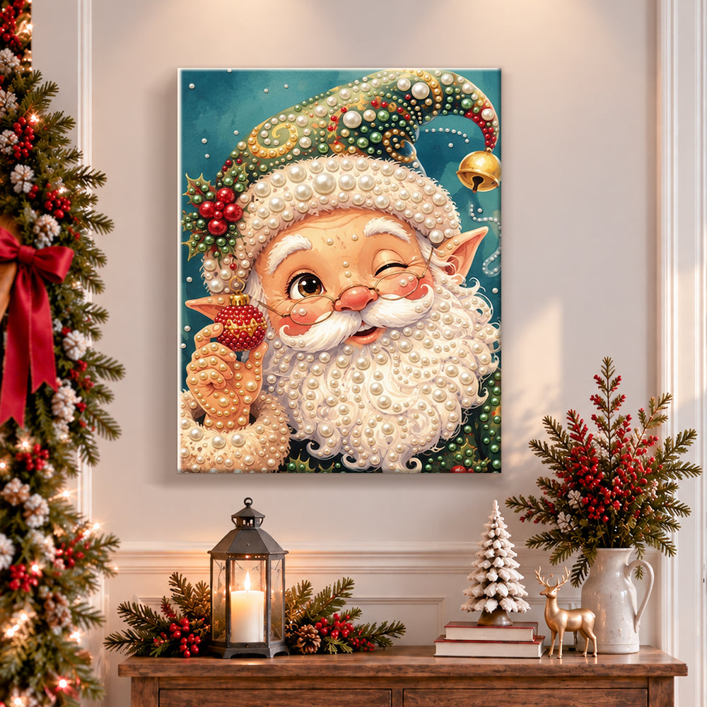 Finished winking christmas elf santa pearl diamond painting artwork displayed as holiday home decor