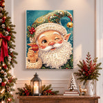 Finished winking christmas elf santa pearl diamond painting artwork displayed as holiday home decor