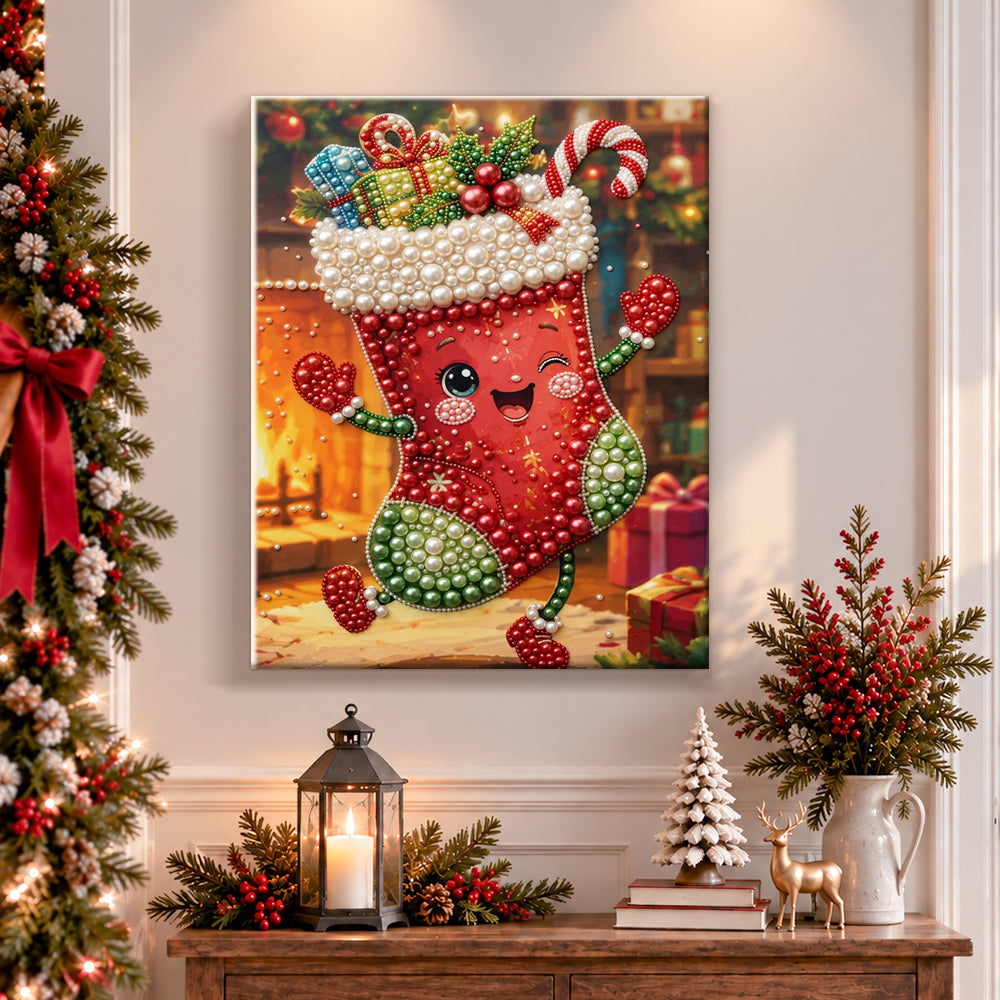 Finished winking christmas stocking pearl diamond painting artwork displayed as holiday home decor