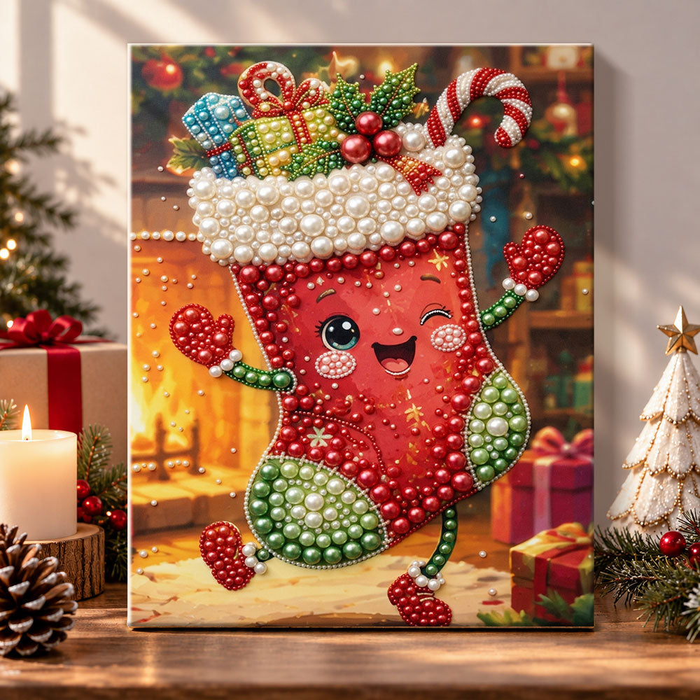 Winking christmas stocking pearl diamond painting kit for beginners