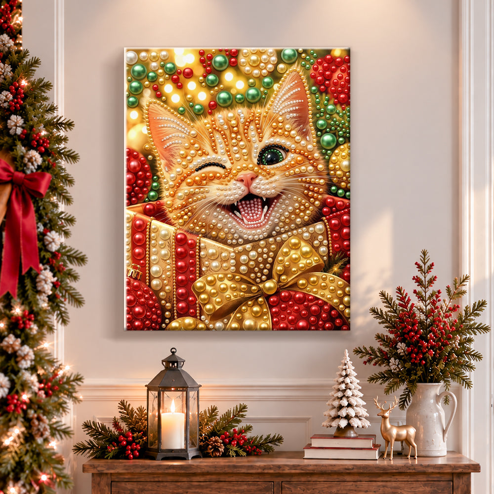 Finished winking ginger cat with ornaments pearl diamond painting artwork displayed as holiday home decor