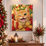 Finished winking ginger cat with ornaments pearl diamond painting artwork displayed as holiday home decor