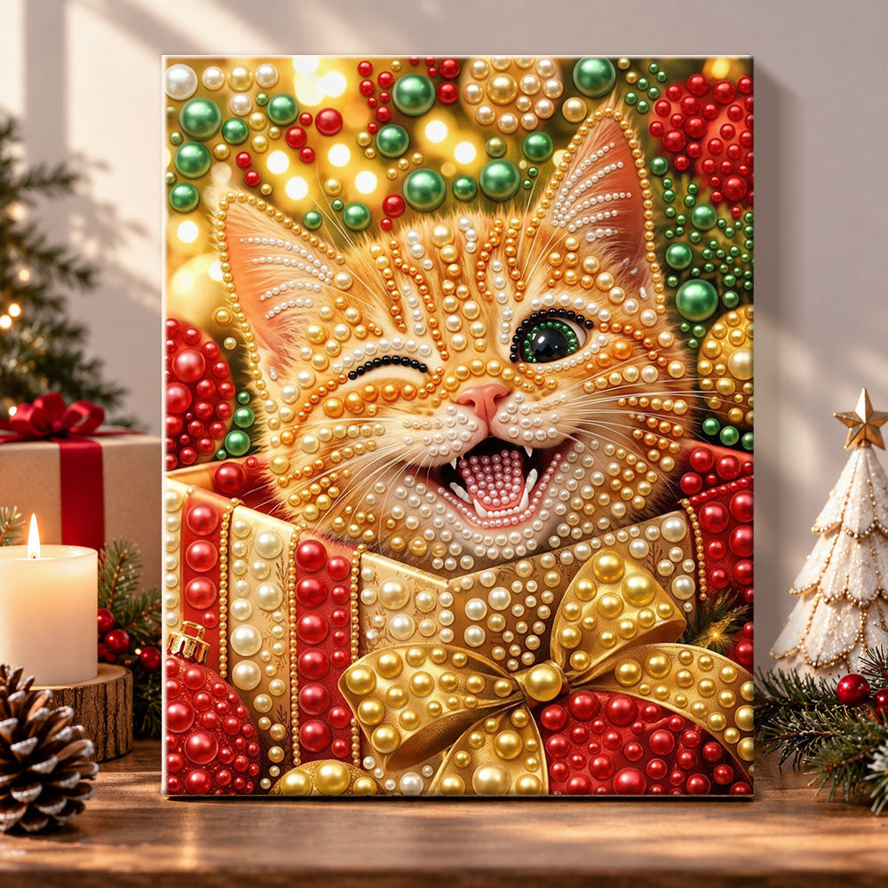 Winking ginger cat with ornaments pearl diamond painting kit for beginners