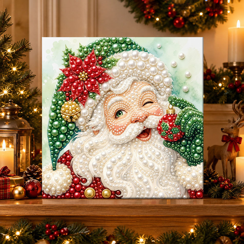 Finished winking santa portrait pearl diamond painting artwork displayed as holiday home decor