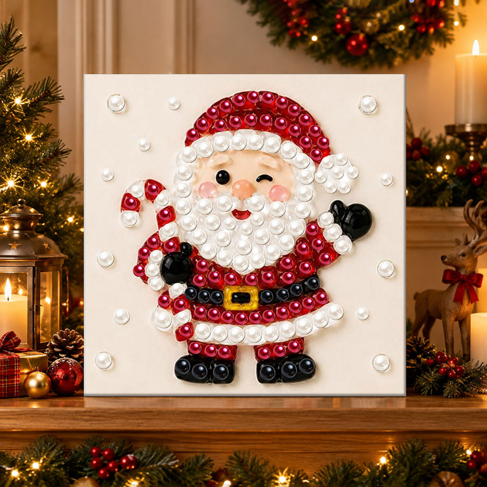 Finished winking santa with candy cane pearl diamond painting artwork displayed as holiday home decor