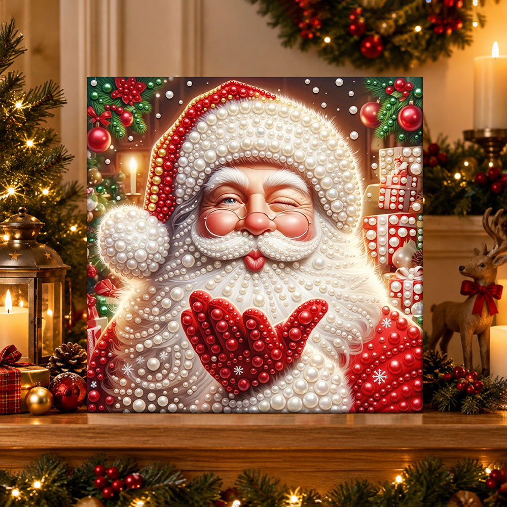 Finished winky‑eyed santa claus pearl diamond painting artwork displayed as holiday home decor