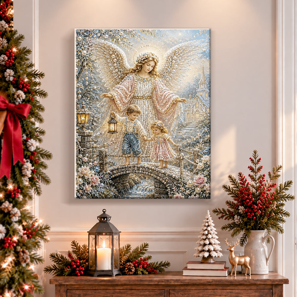Finished winter angel with children pearl diamond painting artwork displayed as holiday home decor