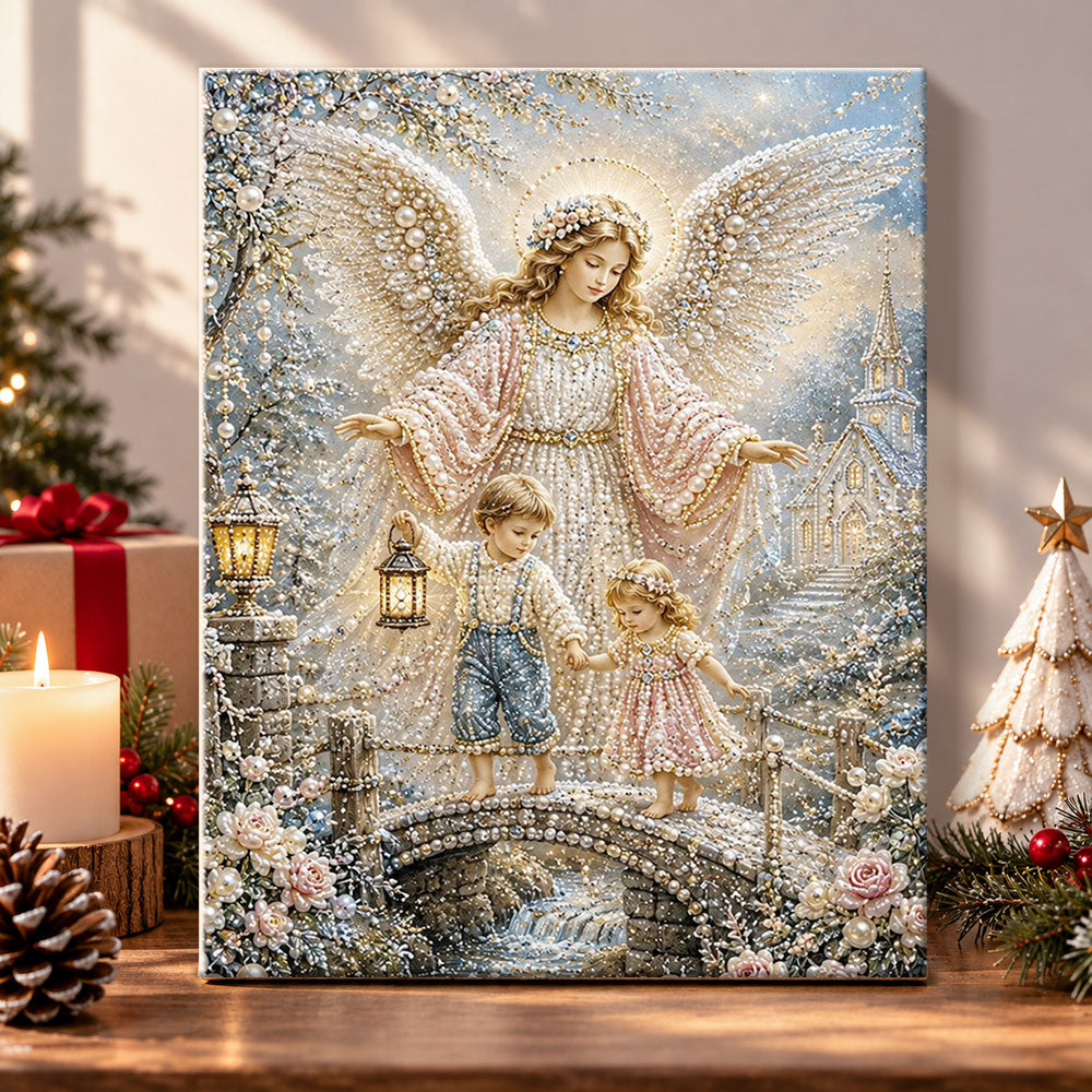 Winter angel with children pearl diamond painting kit for beginners