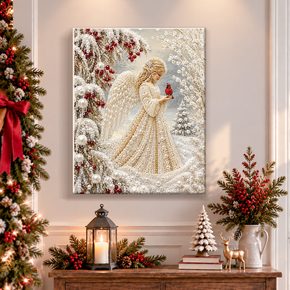 Finished winter angel with red cardinal pearl diamond painting artwork displayed as holiday home decor