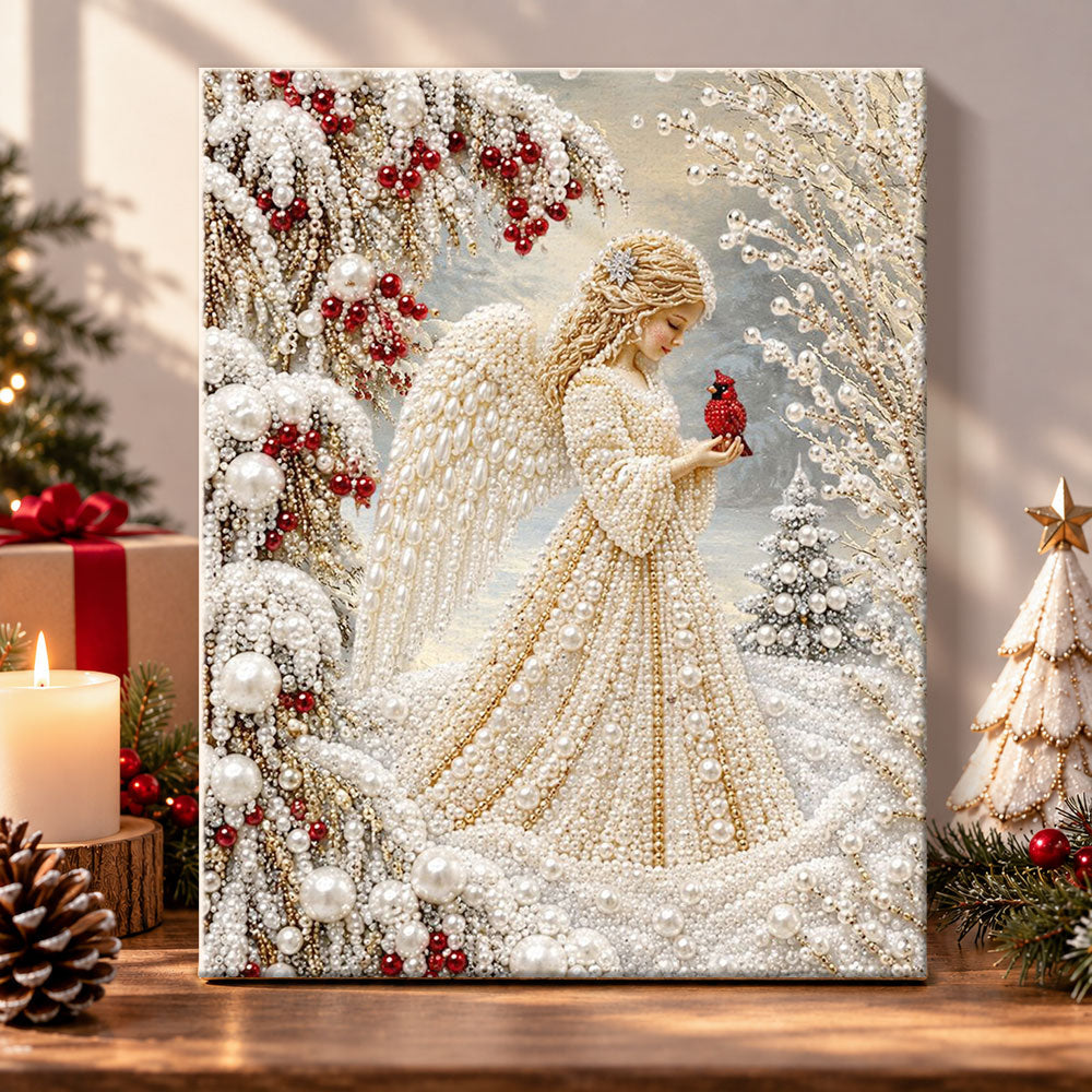 Winter angel with red cardinal pearl diamond painting kit for beginners