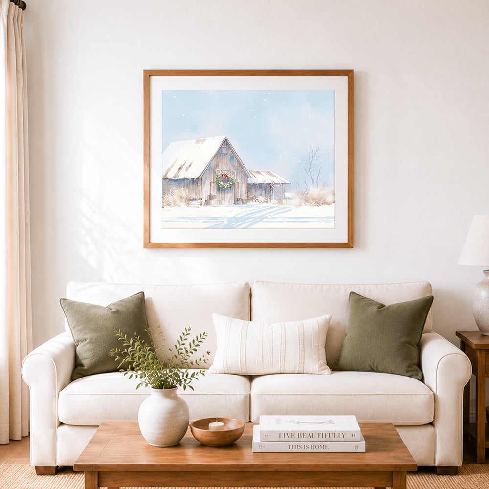 Finished winter barn with christmas wreath cross stitch artwork displayed as home decor