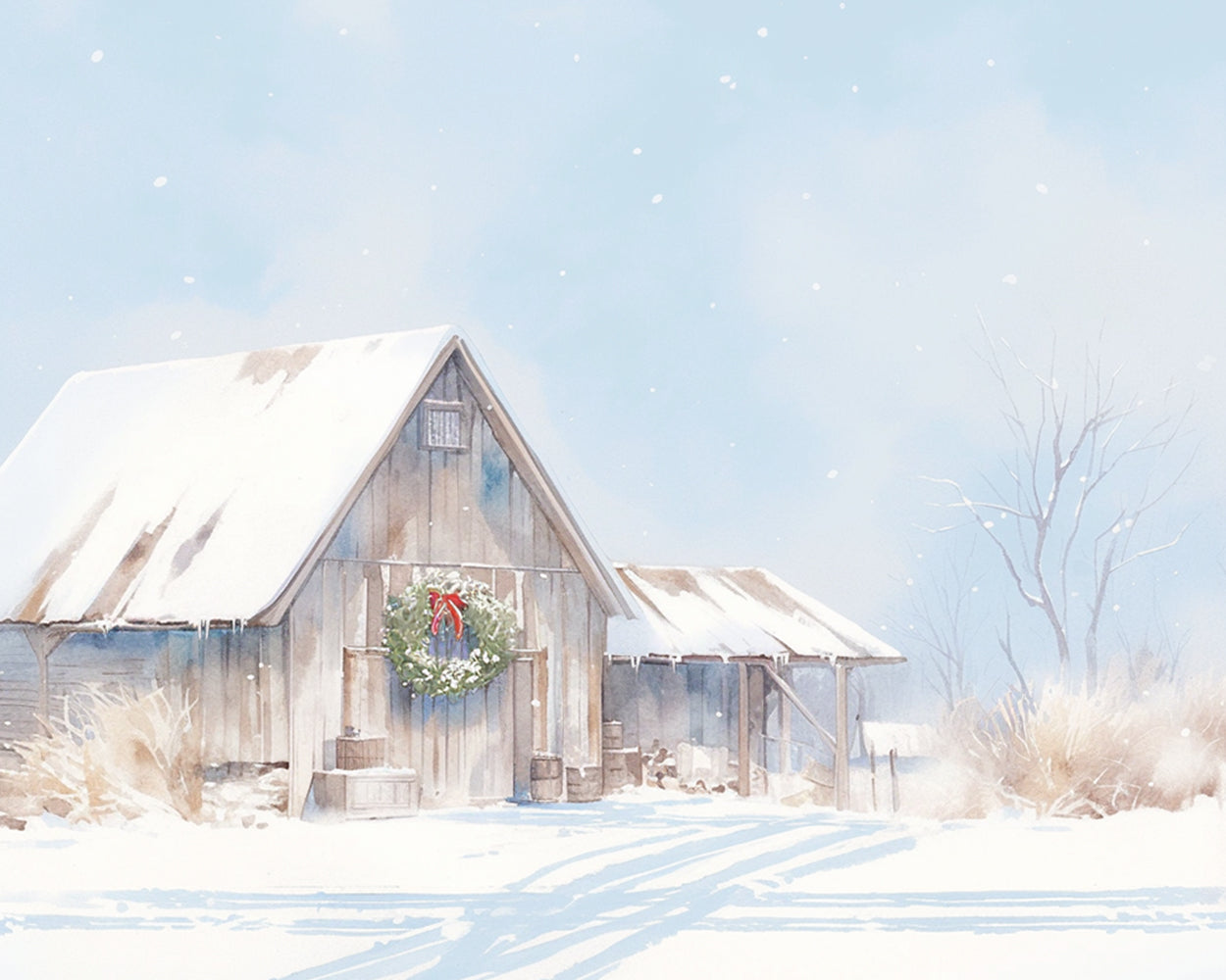 Winter barn with christmas wreath cross stitch kit for beginners