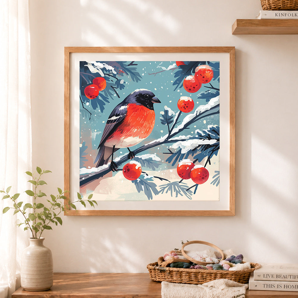 Finished winter berry bird cross stitch artwork displayed as home decor