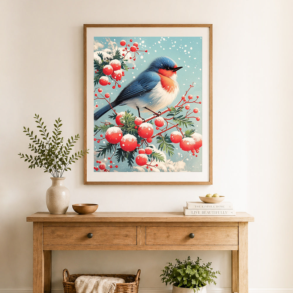 Finished winter berry robin cross stitch artwork displayed as home decor