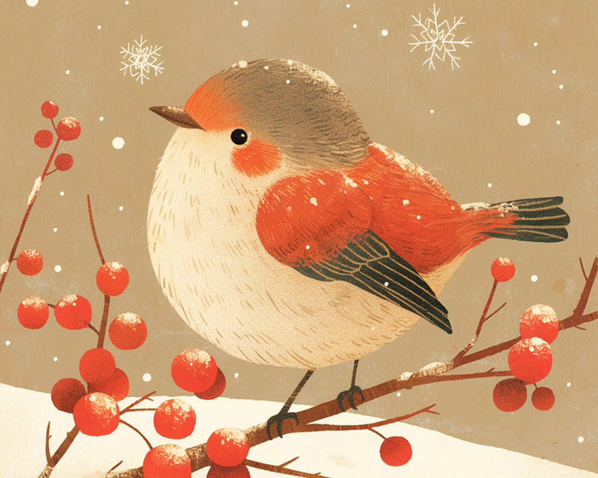 Winter bird on berry branch cross stitch kit for beginners