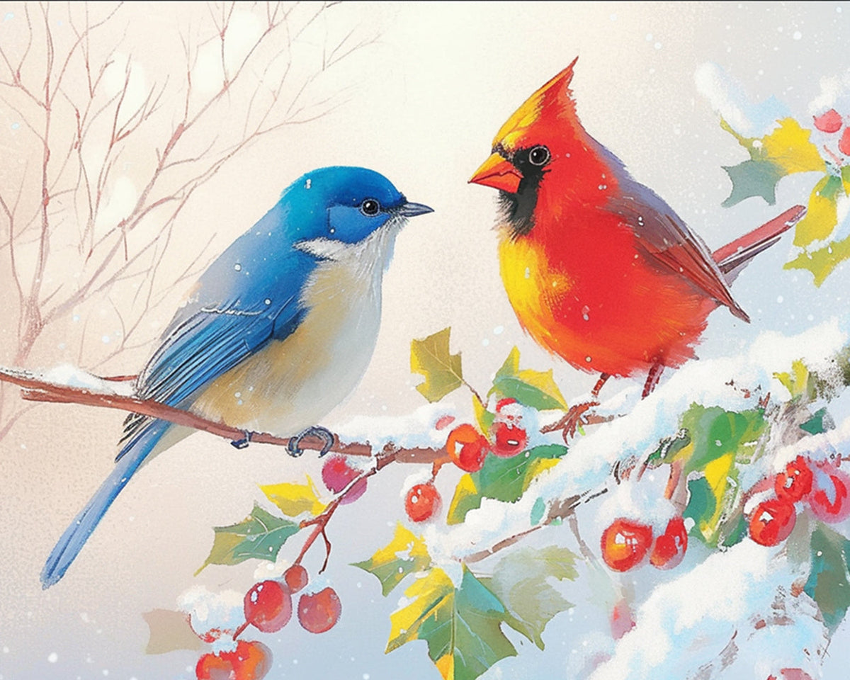 Winter birds on snowy branch cross stitch kit for beginners