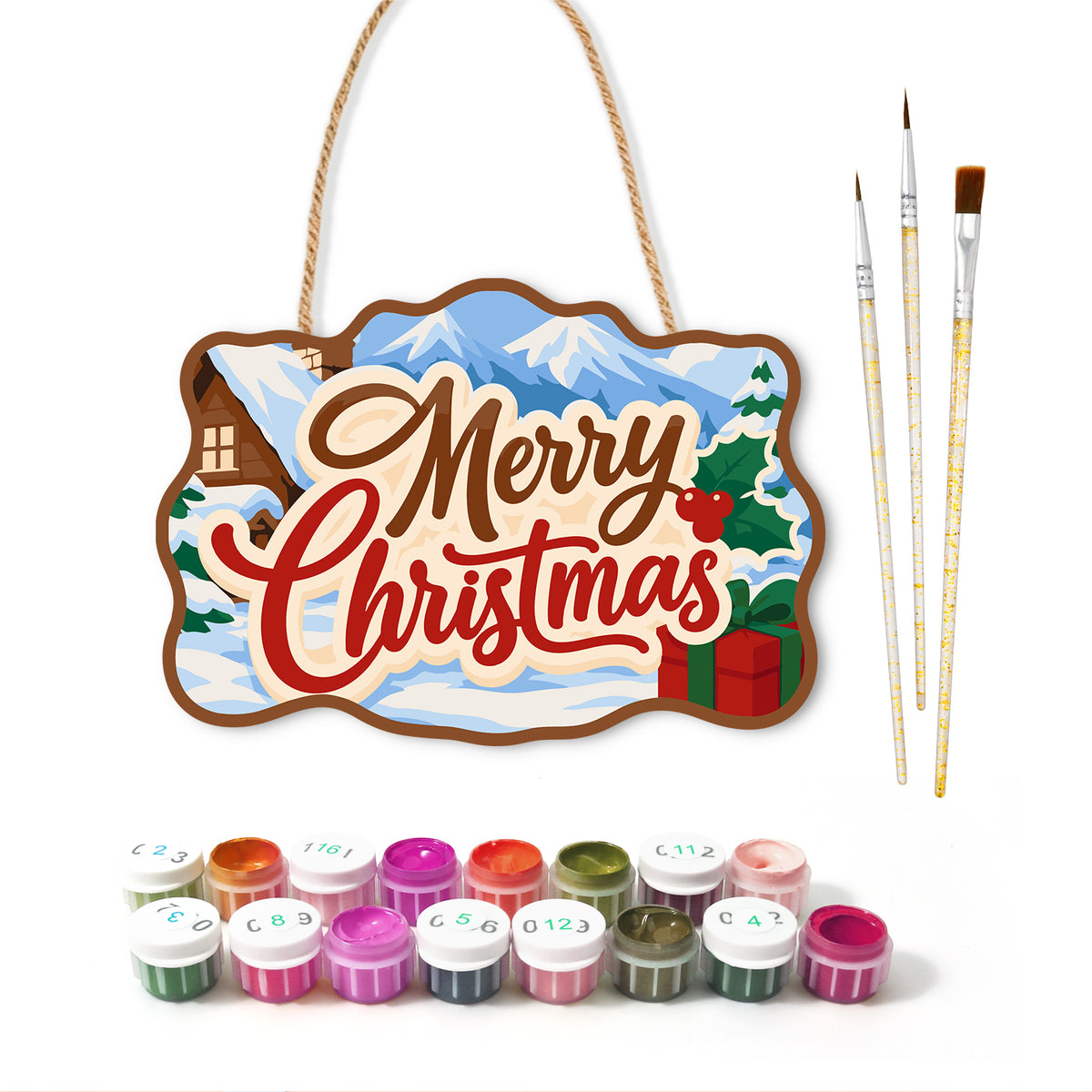 Winter cabin christmas paint by numbers door hanger with paints and brushes