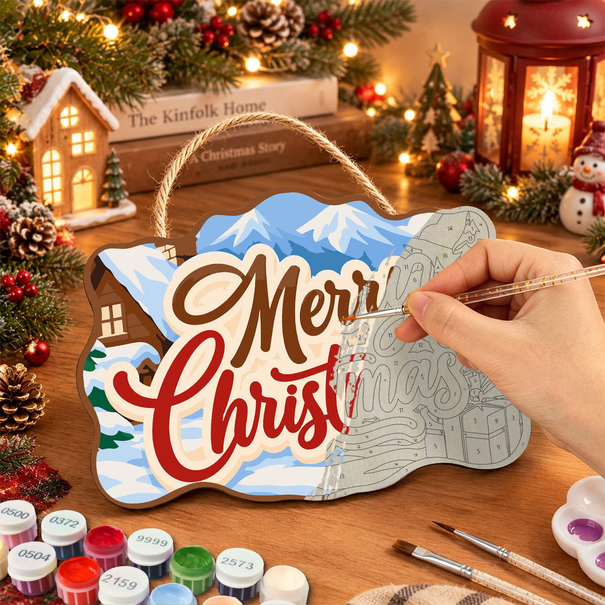 Winter cabin christmas paint by numbers door hanger painting process