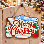 Winter cabin christmas paint by numbers door hanger on a garden gate