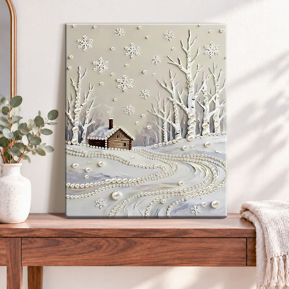 Finished winter cabin with pearls pearl diamond painting artwork displayed as home decor