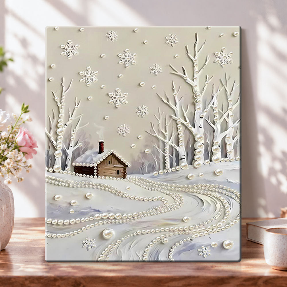 Winter cabin with pearls pearl diamond painting kit for beginners