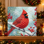 Finished winter cardinal bird pearl diamond painting artwork displayed as holiday home decor