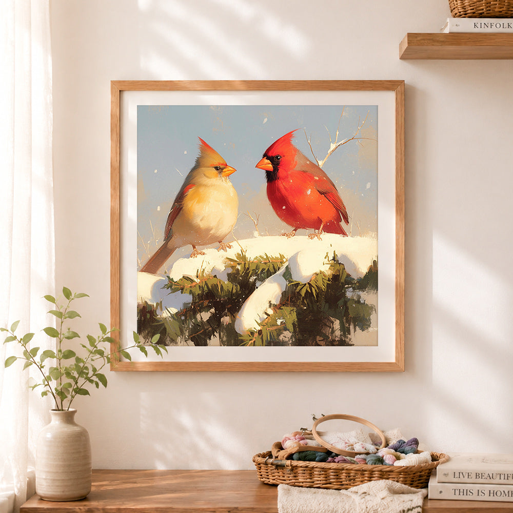 Finished winter cardinal birds cross stitch artwork displayed as home decor