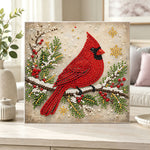 Finished winter cardinal pearl diamond painting artwork displayed as home decor