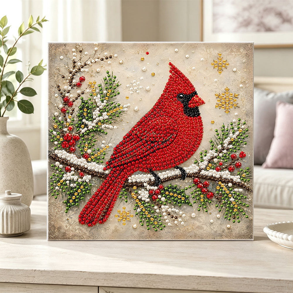 Finished winter cardinal pearl diamond painting artwork displayed as home decor