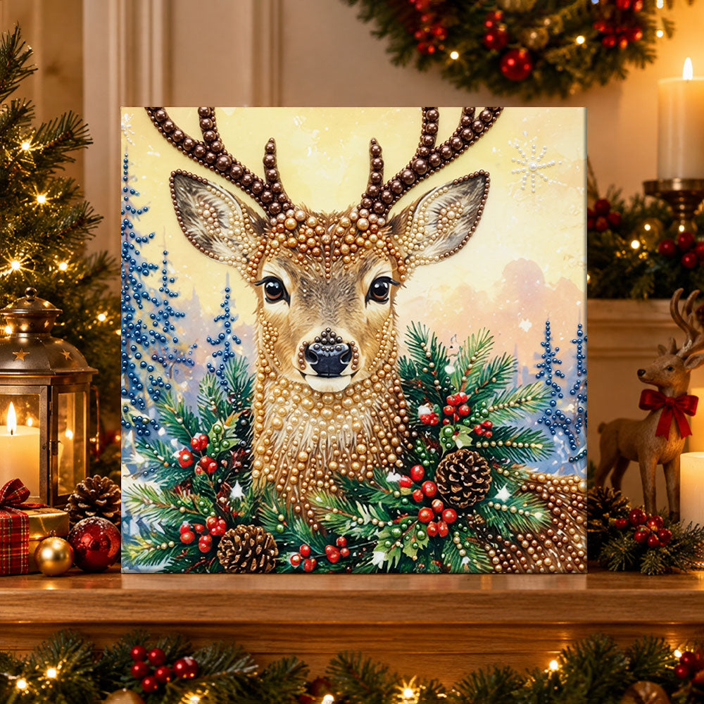 Finished winter christmas deer portrait pearl diamond painting artwork displayed as holiday home decor