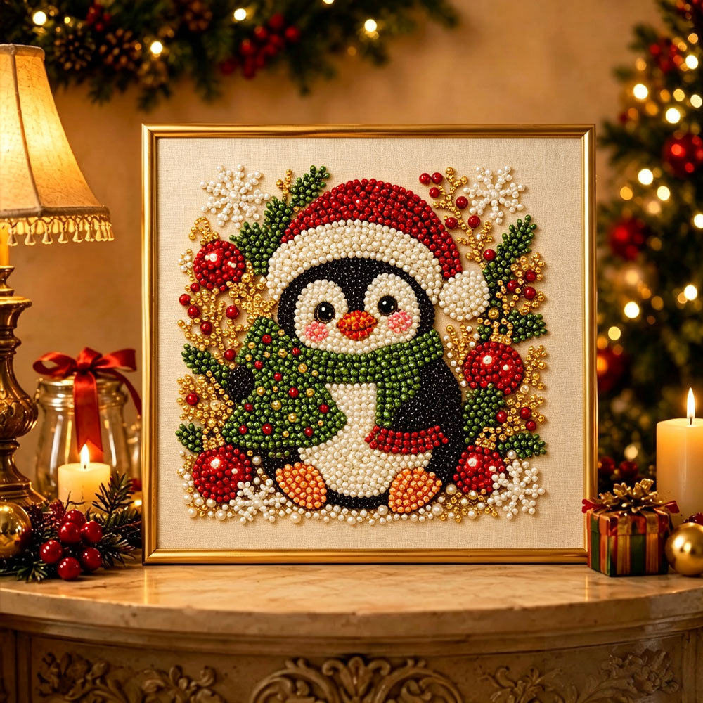 Finished winter christmas penguin pearl diamond painting artwork displayed as holiday home decor