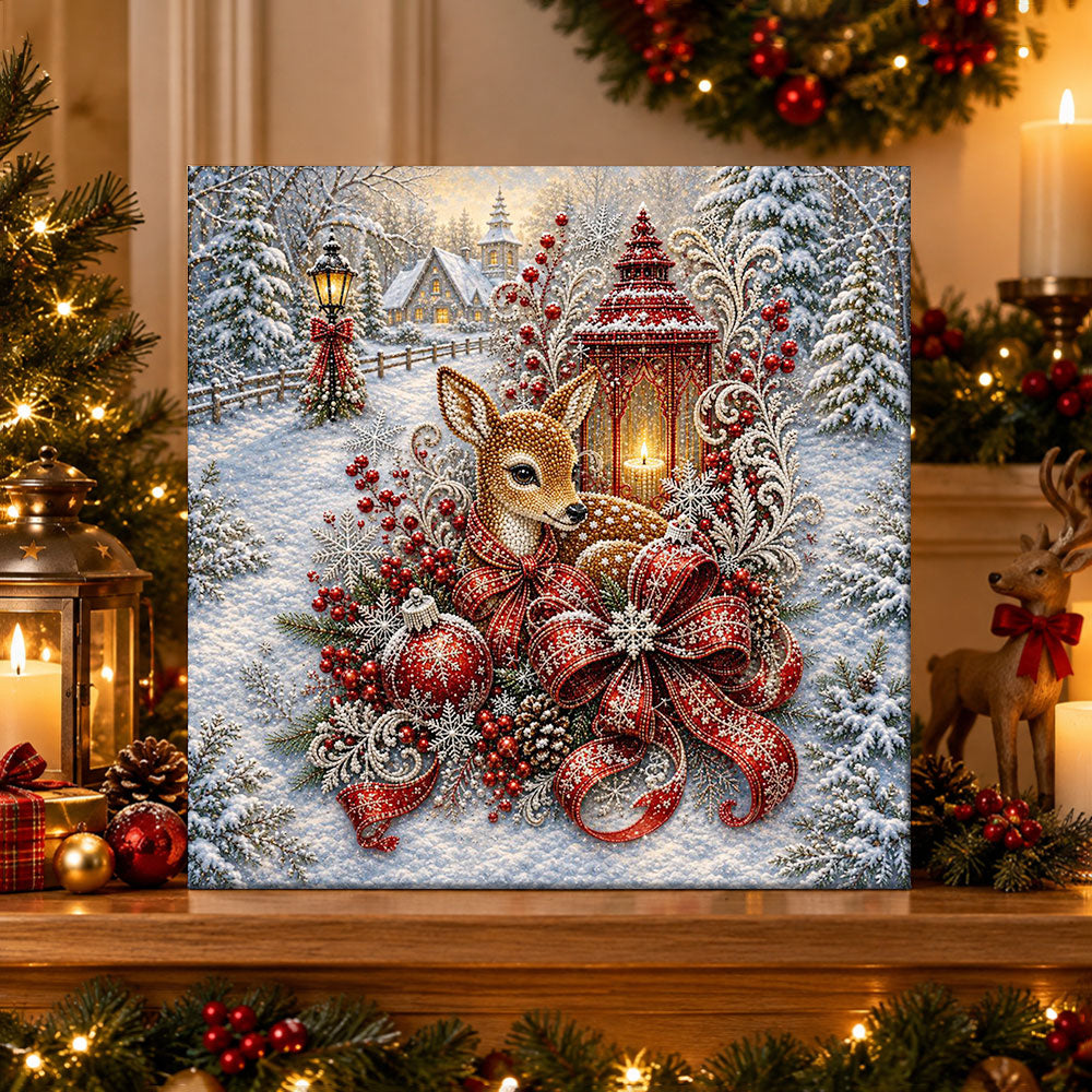 Finished winter fawn with glowing lantern pearl diamond painting artwork displayed as holiday home decor