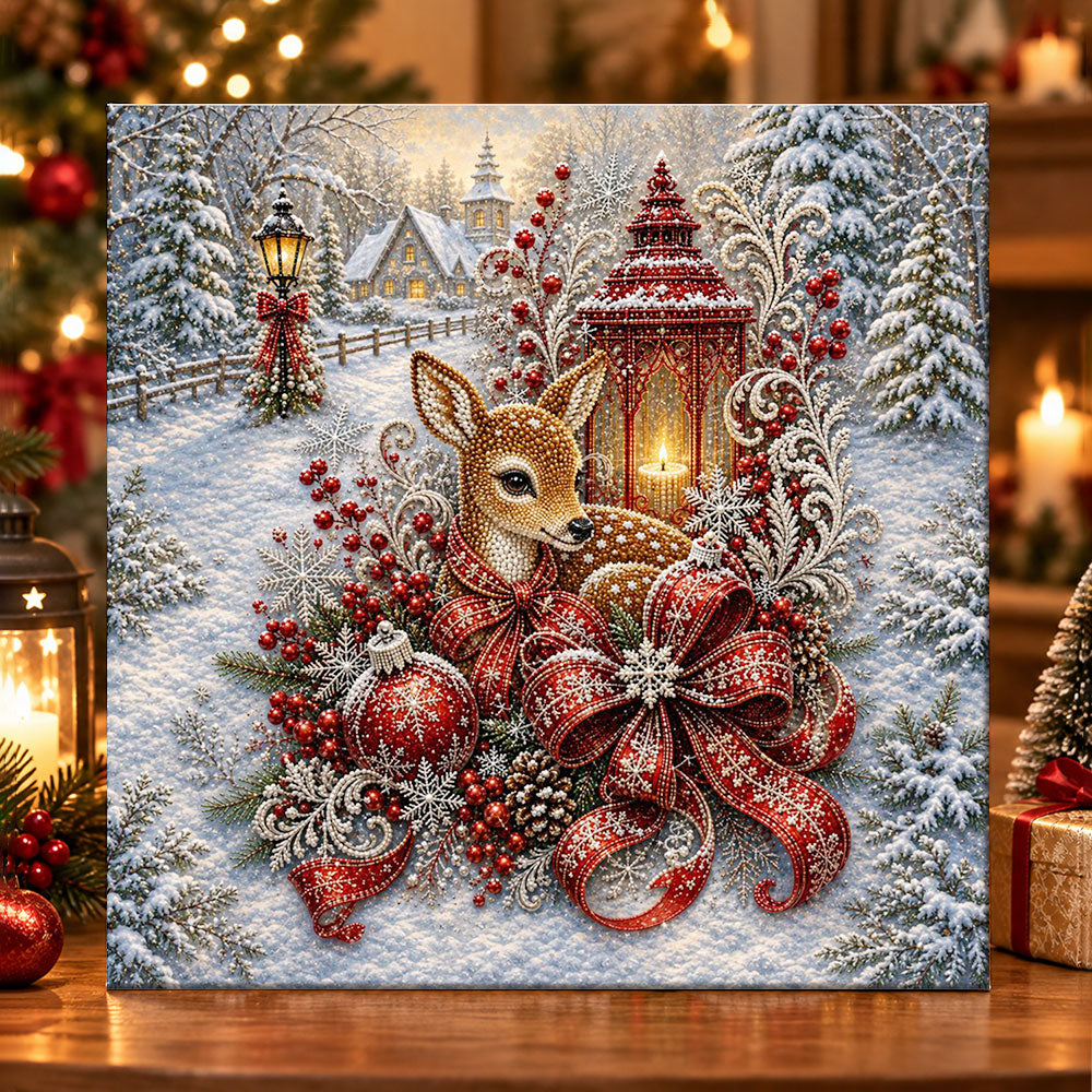 Winter fawn with glowing lantern pearl diamond painting kit for beginners