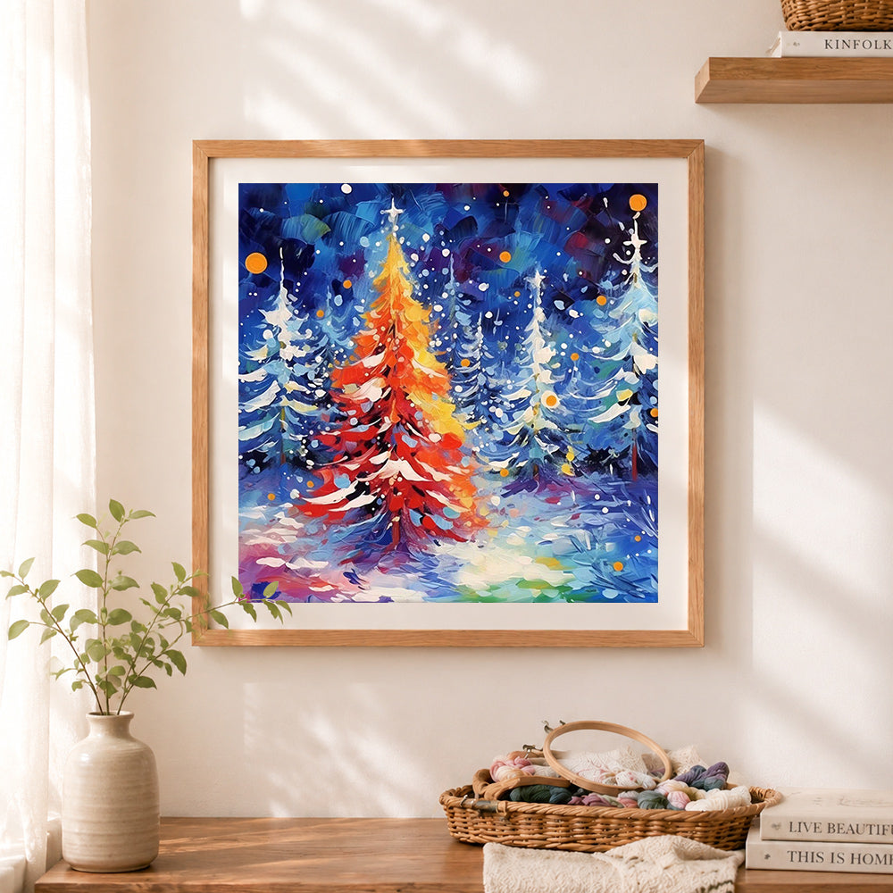 Finished winter forest christmas tree cross stitch artwork displayed as home decor