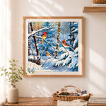 Finished winter forest colorful birds cross stitch artwork displayed as home decor