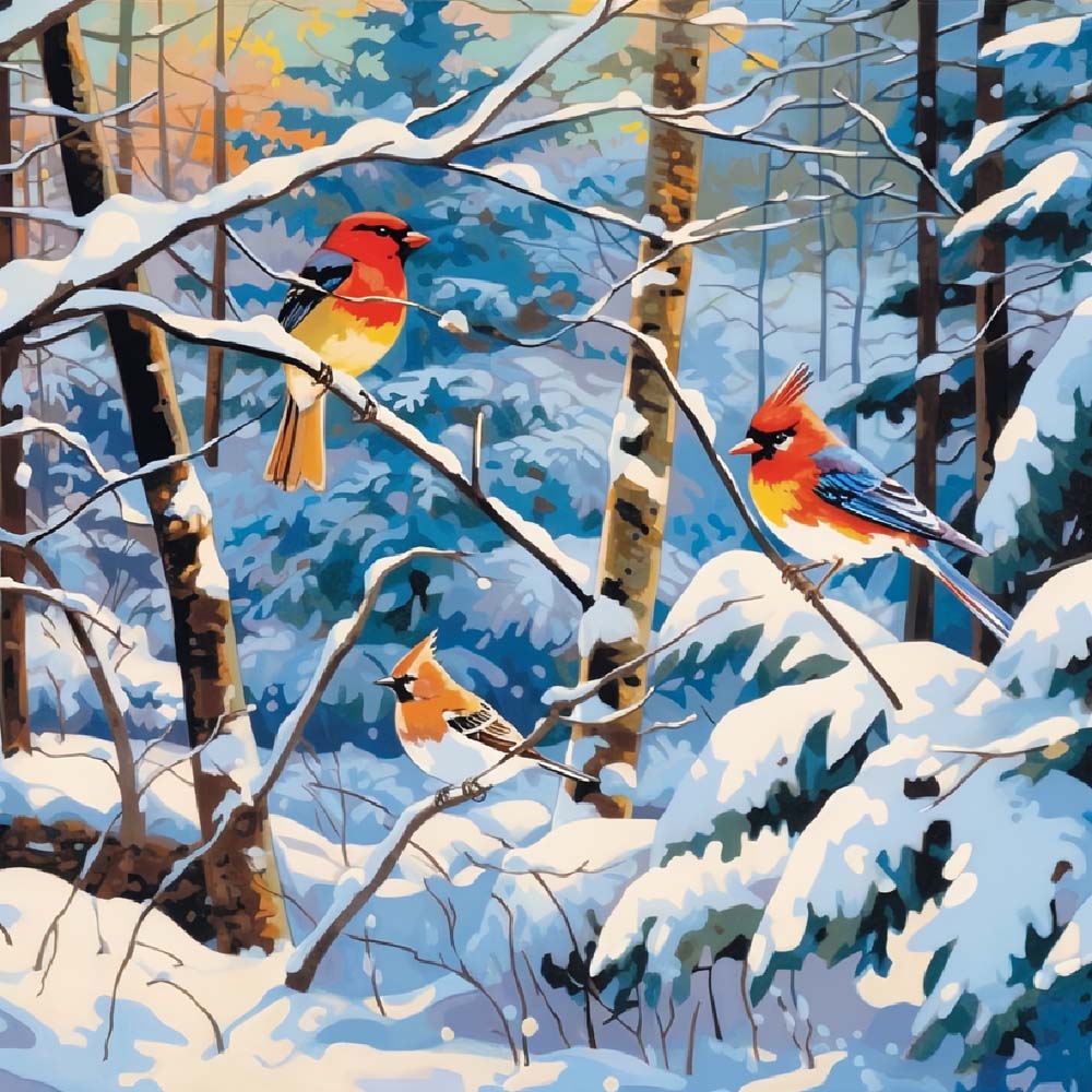 Winter forest colorful birds cross stitch kit for beginners