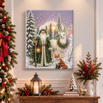Finished winter forest saint with wildlife pearl diamond painting artwork displayed as holiday home decor
