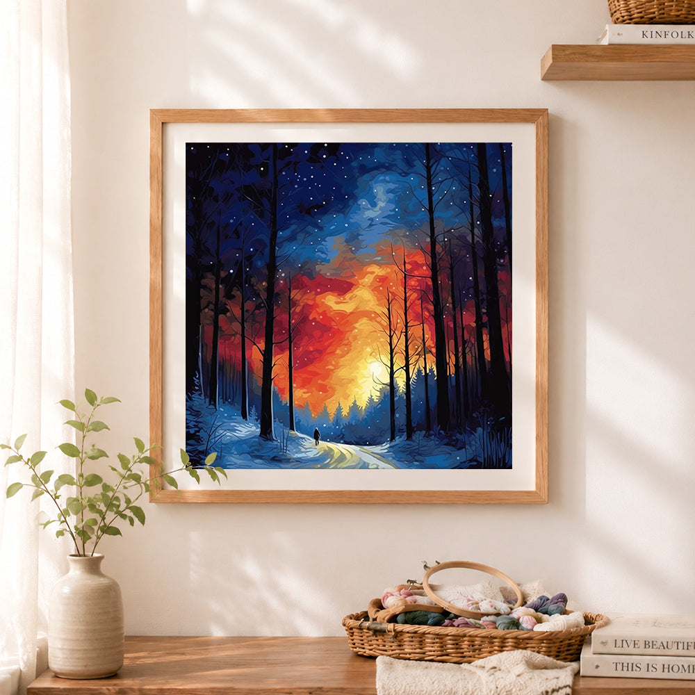 Finished winter forest twilight hike cross stitch artwork displayed as home decor