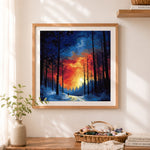 Finished winter forest twilight hike cross stitch artwork displayed as home decor