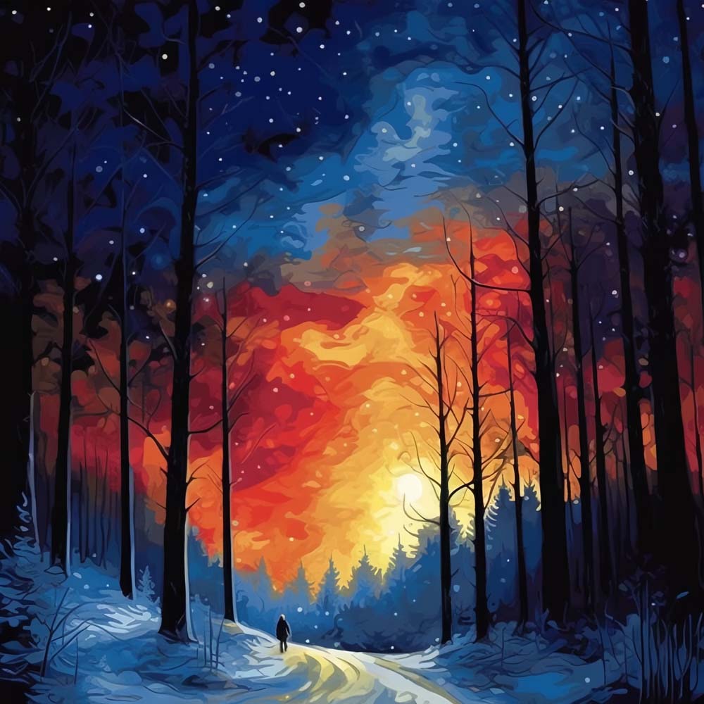 Winter forest twilight hike cross stitch kit for beginners